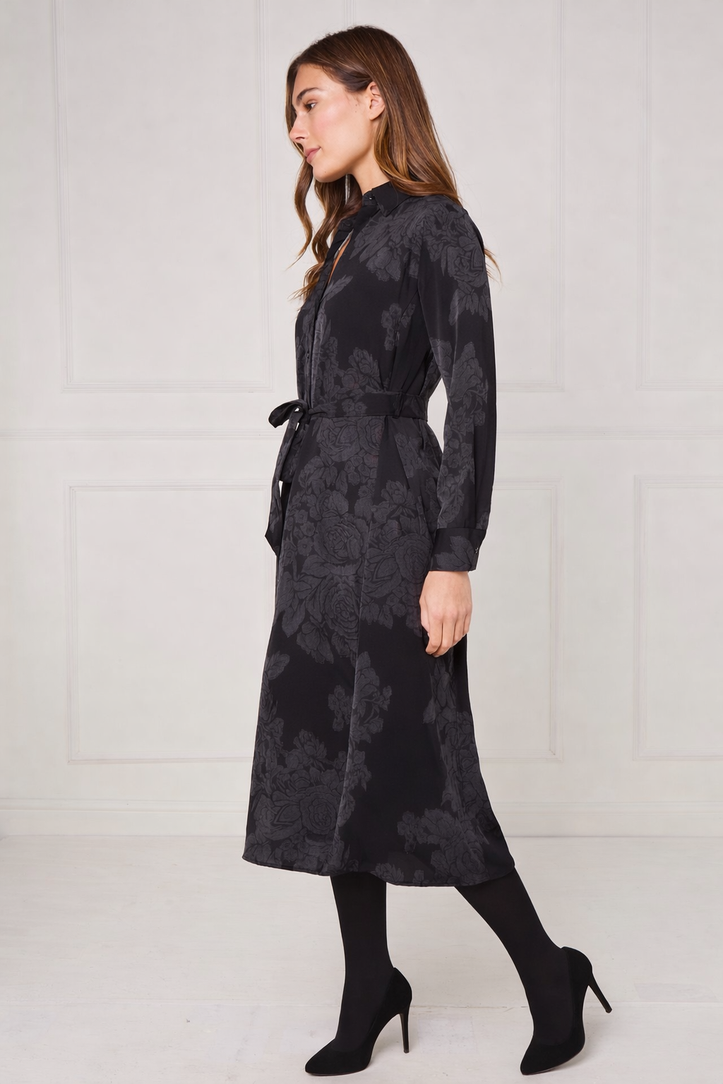 Black Tonal Floral Print Midi Shirt Dress